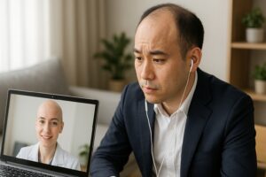 植毛のオンラインカウンセリングを受ける男性