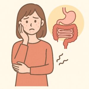 胃腸の不調で肌トラブルを抱えている女性のイラスト