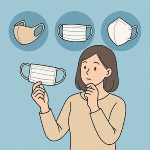 ニンバス株のマスクを選ぶ女性