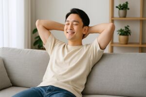 自宅で安静にする男性