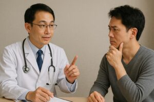 男性医師が男性の質問に答える様子