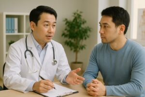 包茎について患者に説明する泌尿器科医