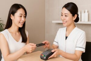 美容クリニックで支払いをする女性