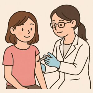医師が女性にインフルエンザのワクチン接種する様子