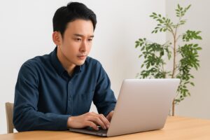 インターネットで情報を収集する男性