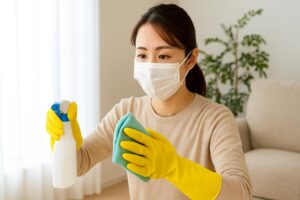 部屋の除菌をする女性