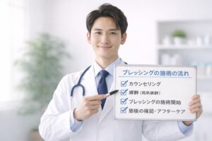 ブレッシングの施術の流れを説明する美容皮膚科医