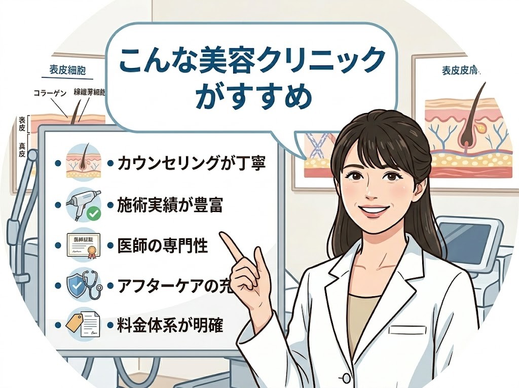 線維芽細胞に関する美容医療を受ける際の選び方のポイントを説明する美容皮膚科医