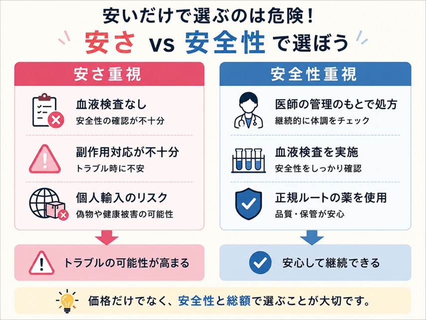 マンジャロの安さ重視と安全性重視の比較