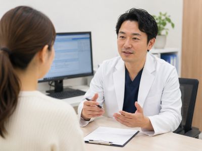 肥満が気になる患者に丁寧な診察を行う医師