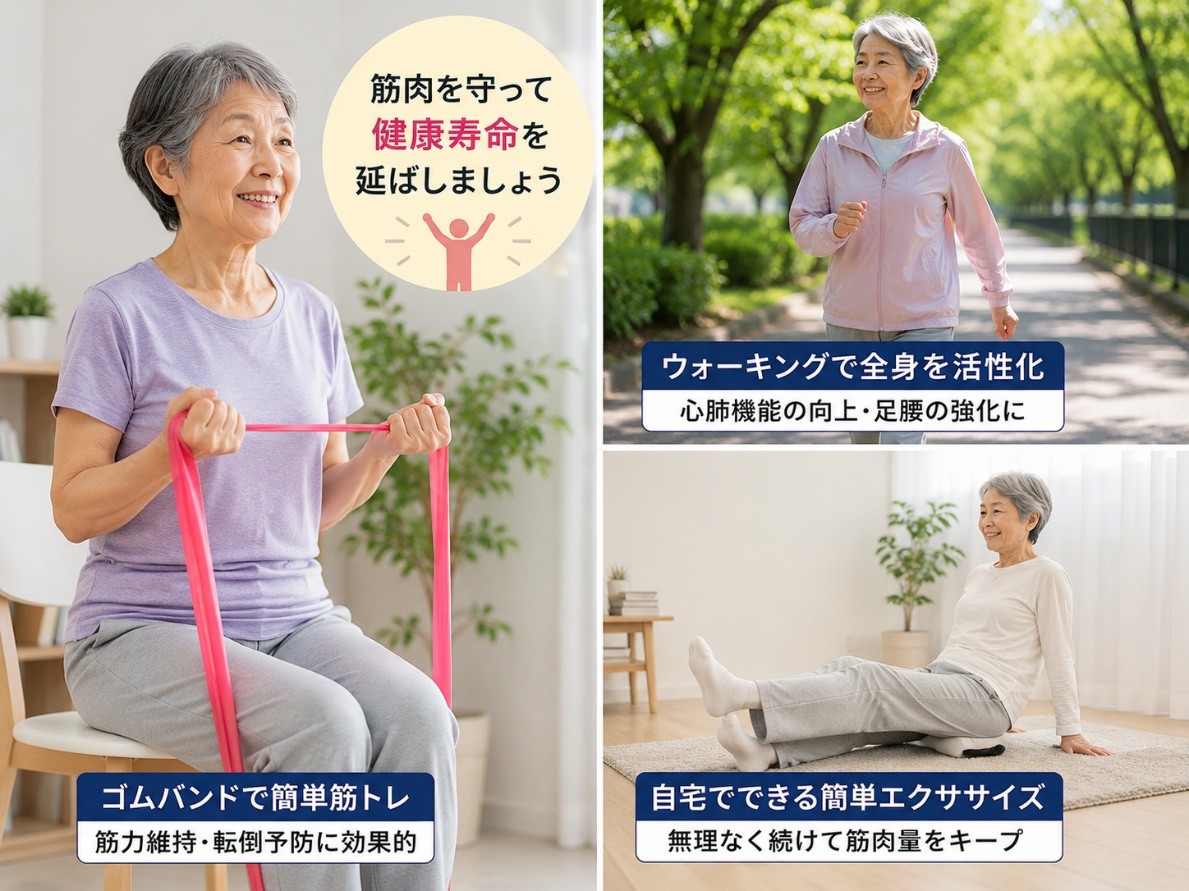 筋肉トレーニングを行う70代女性