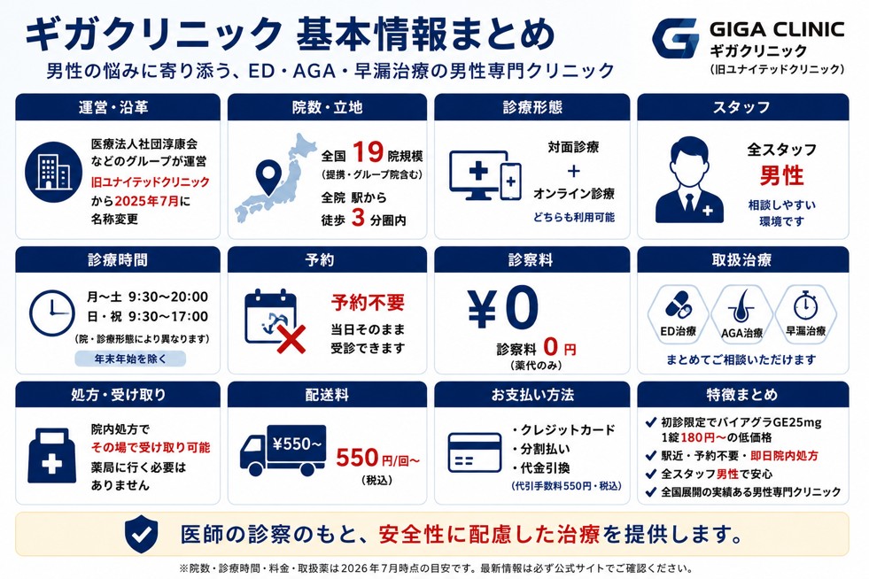 ギガクリニックの基本情報の表