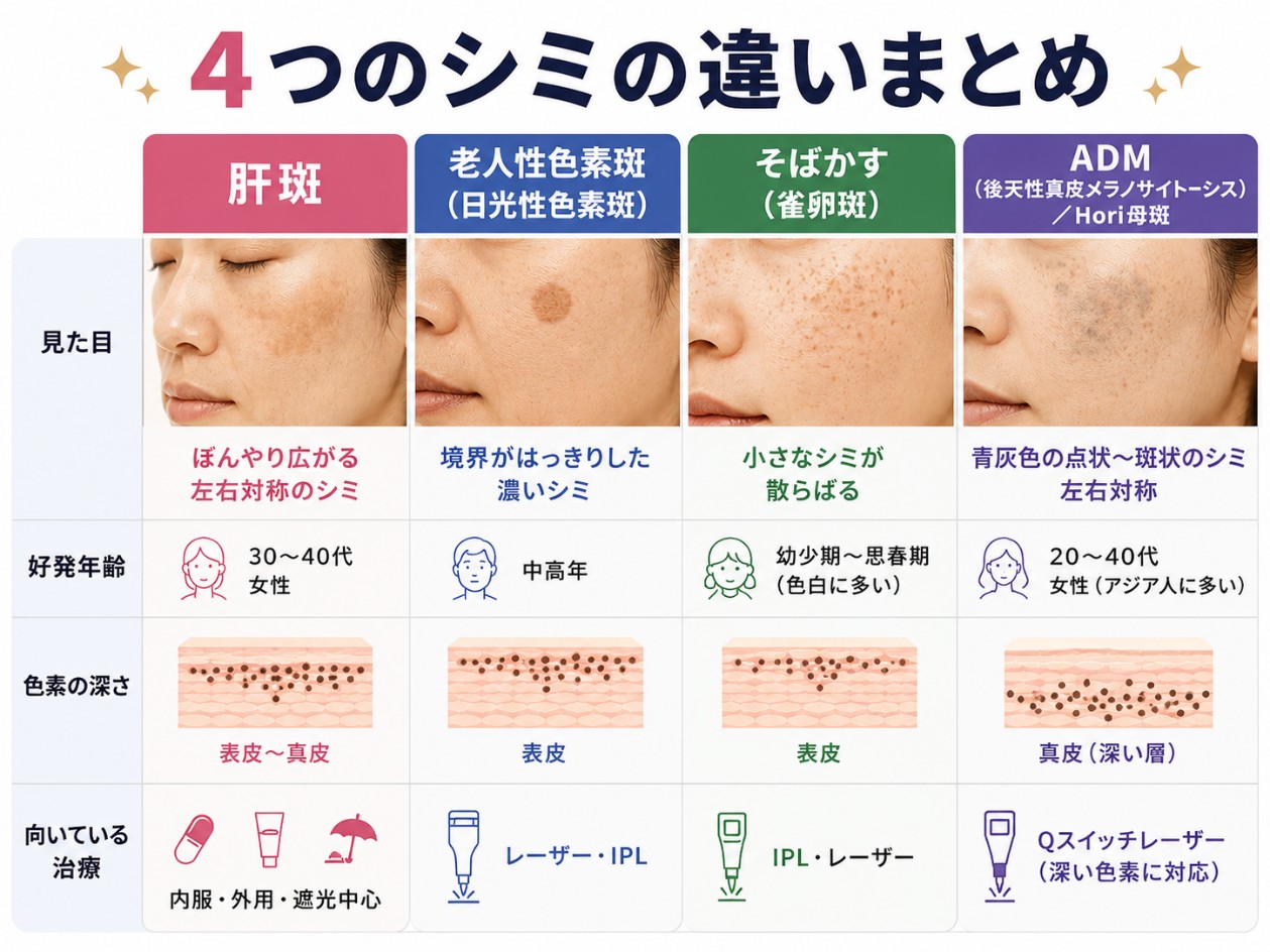 似て非なる4つのシミ（肝斑・老人性色素斑・そばかす・ADM）