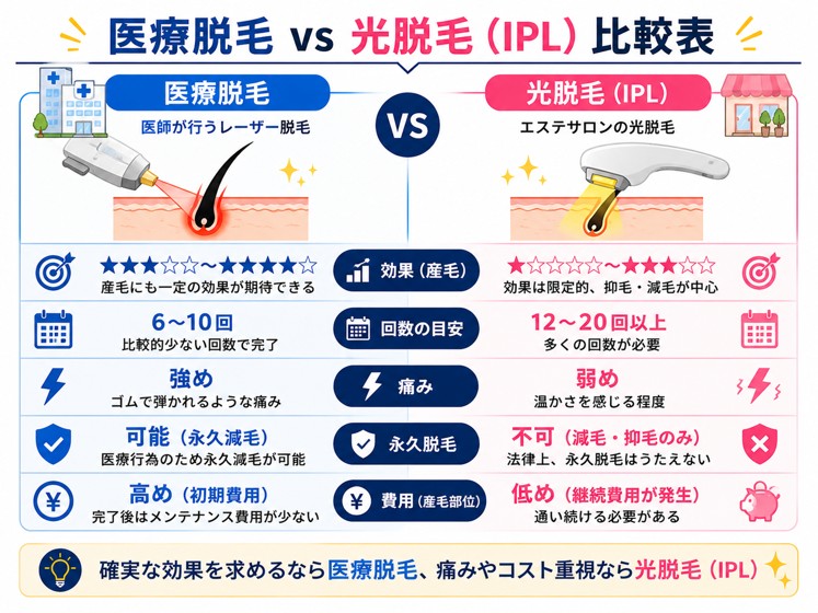 医療脱毛と光脱毛IPLの比較
