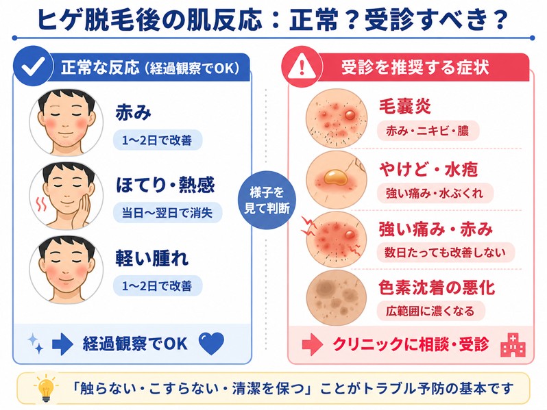 ヒゲ脱毛後の正常な肌反応と受診すべき肌反応