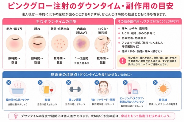 ピンクグロー注射のダウンタイム・副作用・リスクの一覧表