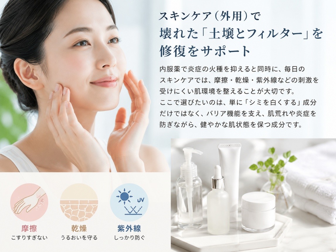 血管性肝斑のスキンケアを行う女性