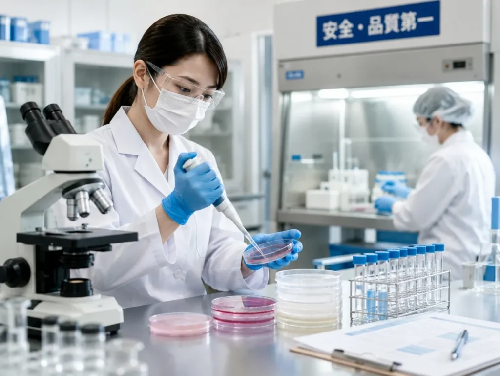 安全性チェック(ドナー検査・製造管理・第三者評価)を示す写真