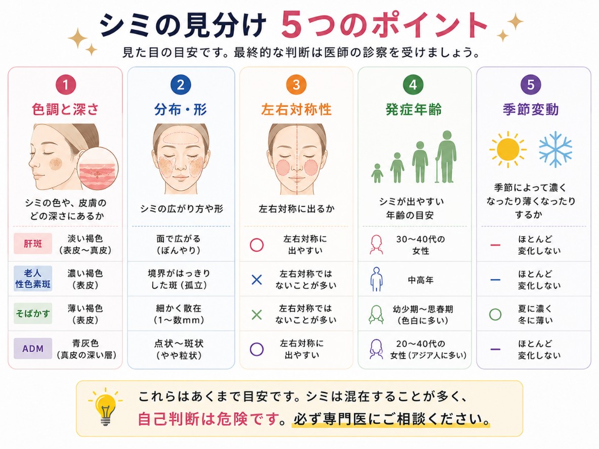 シミの見分けのポイント（色調・分布・対称性・年齢・季節）
