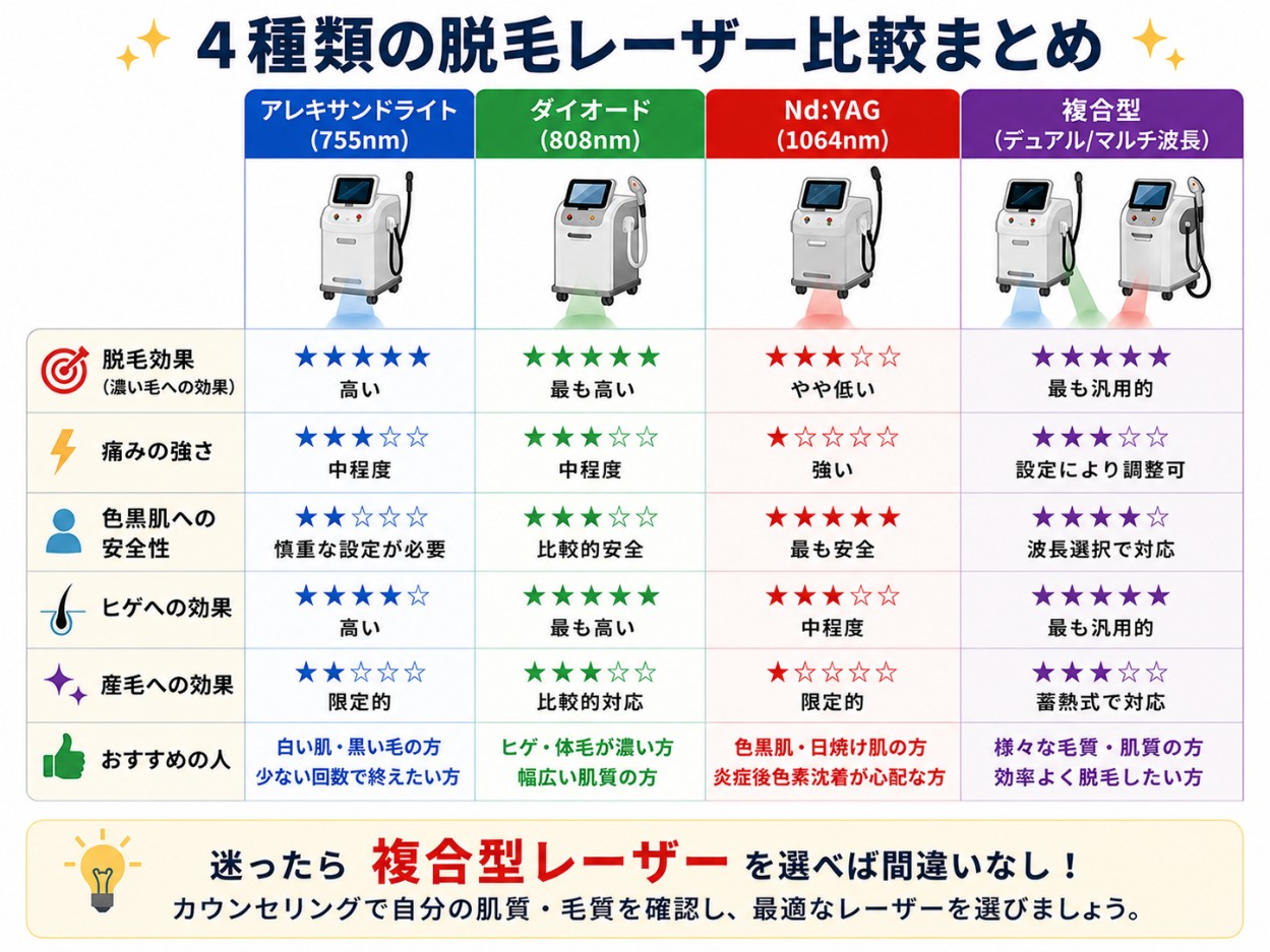 ４種の医療脱毛レーザーの比較図