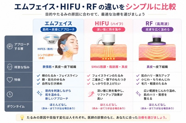 エムフェイスとハイフ・RFとの違いの表