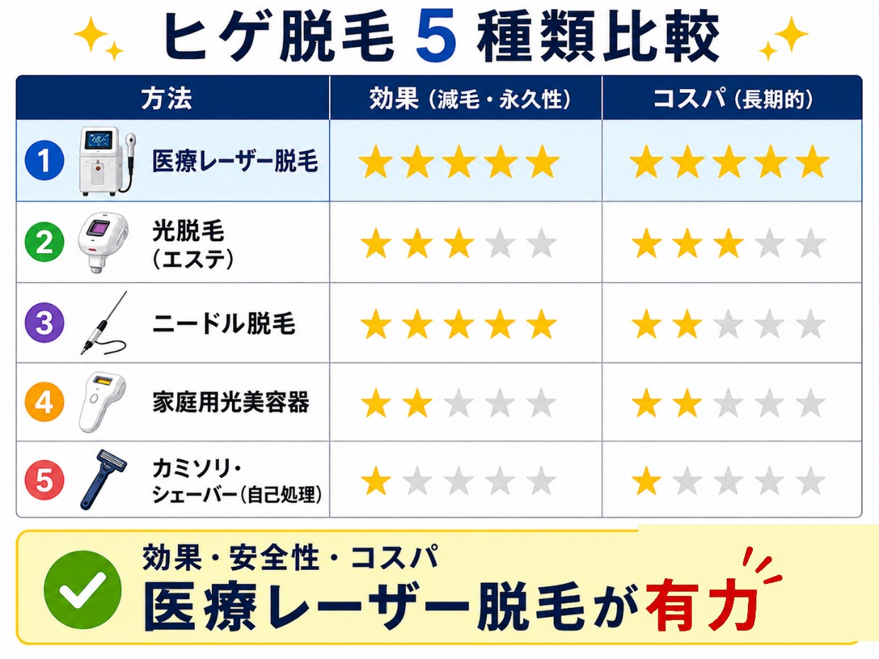 ヒゲ脱毛5種の比較概要