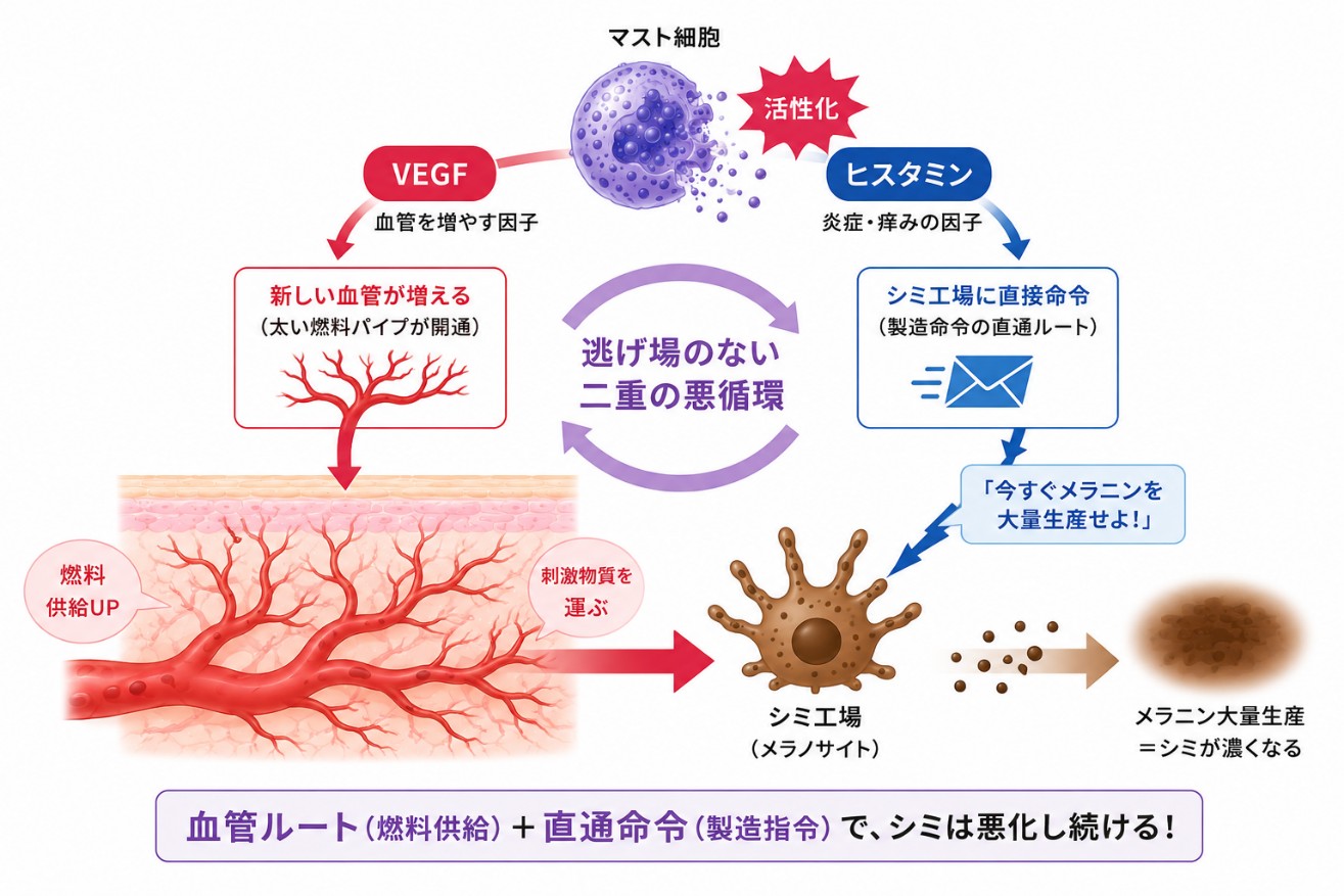 VEGFとヒスタミンの「二重攻撃（デュアルアタック）」のメカニズム