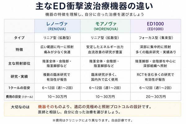 ED衝撃波治療機器の違いの表
