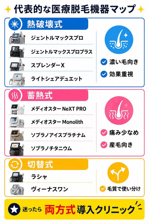 代表的な医療脱毛機器マップ(熱破壊式・蓄熱式・切替式の比較)
