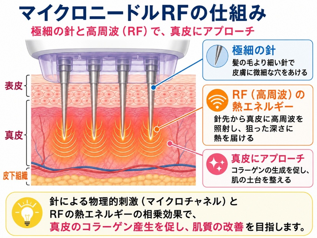 マイクロニードルRFの仕組み（細い針＋高周波RF）