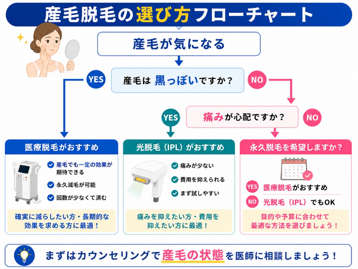 産毛脱毛の選び方のフローチャート
