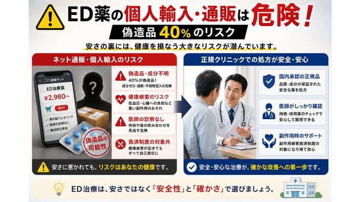 【警告】ED薬の個人輸入・通販は危険！偽造品40%の衝撃データと正規クリニックを使うべき理由のアイキャッチ