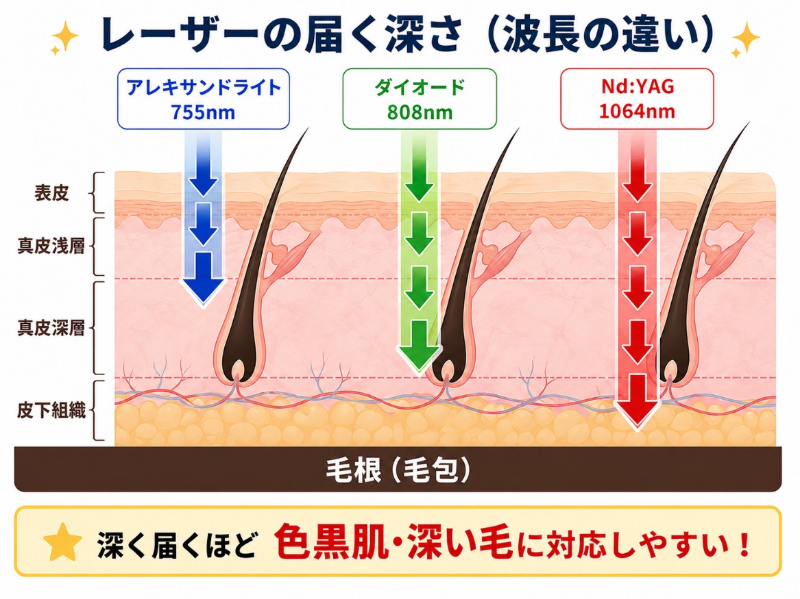 脱毛レーザーの波長と作用のイメージ図
