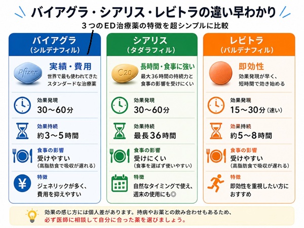 バイアグラ、シアリス、レビトラの違いの図