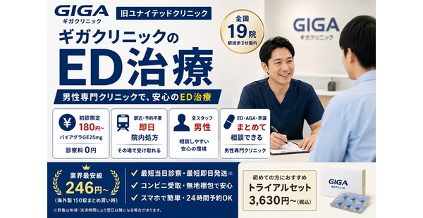 ギガクリニックのED治療を徹底解説｜初診180円〜・予約不要・即日院内処方・全国19院（旧ユナイテッドクリニック）の魅力とは【2026年最新】のアイキャッチ