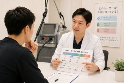 医療脱毛レーザーの種類別の特徴を説明する医師