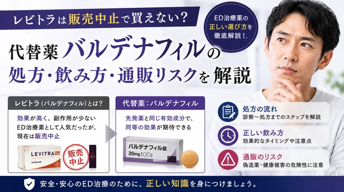 レビトラは販売中止で買えない？代替薬バルデナフィルの処方・飲み方・通販リスクを解説のアイキャッチ