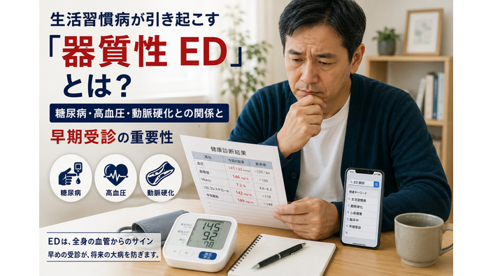 生活習慣病が引き起こす「器質性ED」｜糖尿病・高血圧・動脈硬化との関係と早期受診の重要性のアイキャッチ
