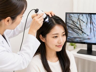 頭皮の状態をチェックする女性