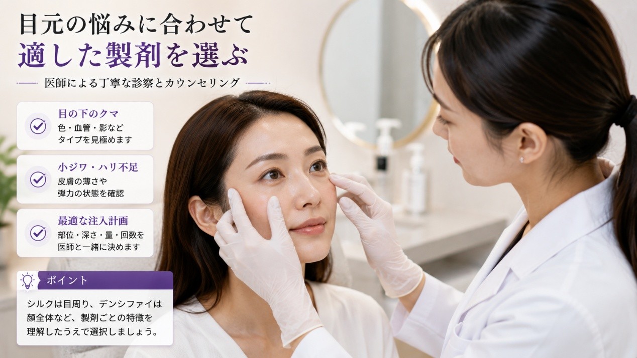 目周りの小ジワや肌質を確認する美容皮膚科医と女性