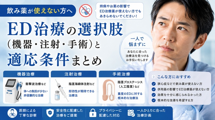 飲み薬が使えない方へ｜ED治療の選択肢（機器・注射・手術）と適応条件まとめのアイキャッチ