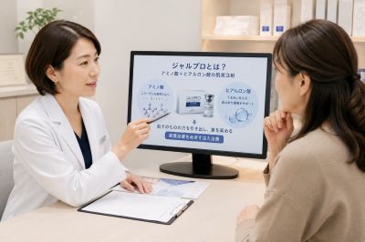 ジャルプロ注射について医師の説明を受ける女性