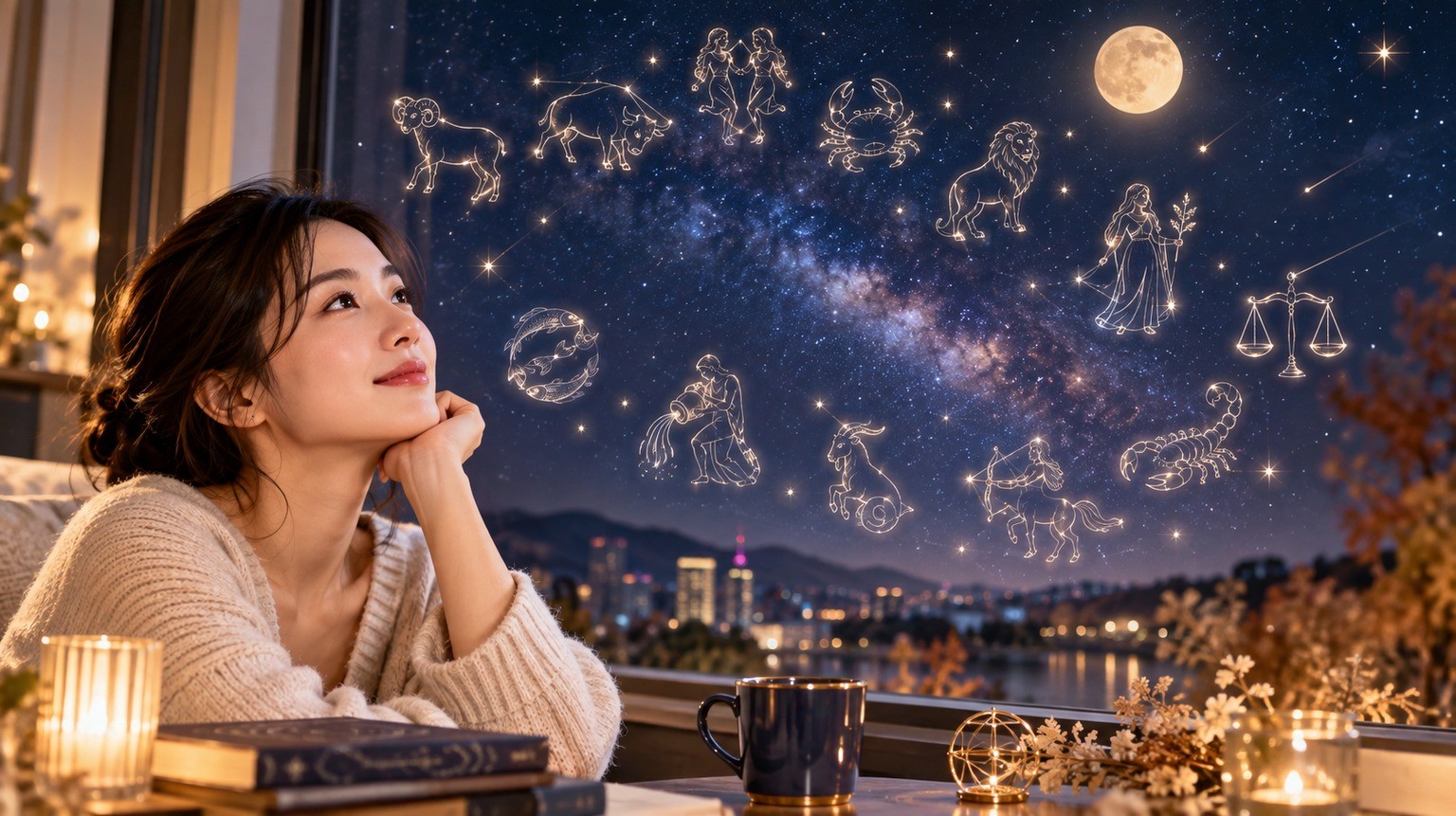 秋の夜空と12星座を眺めながら10月の運勢をイメージする日本人女性