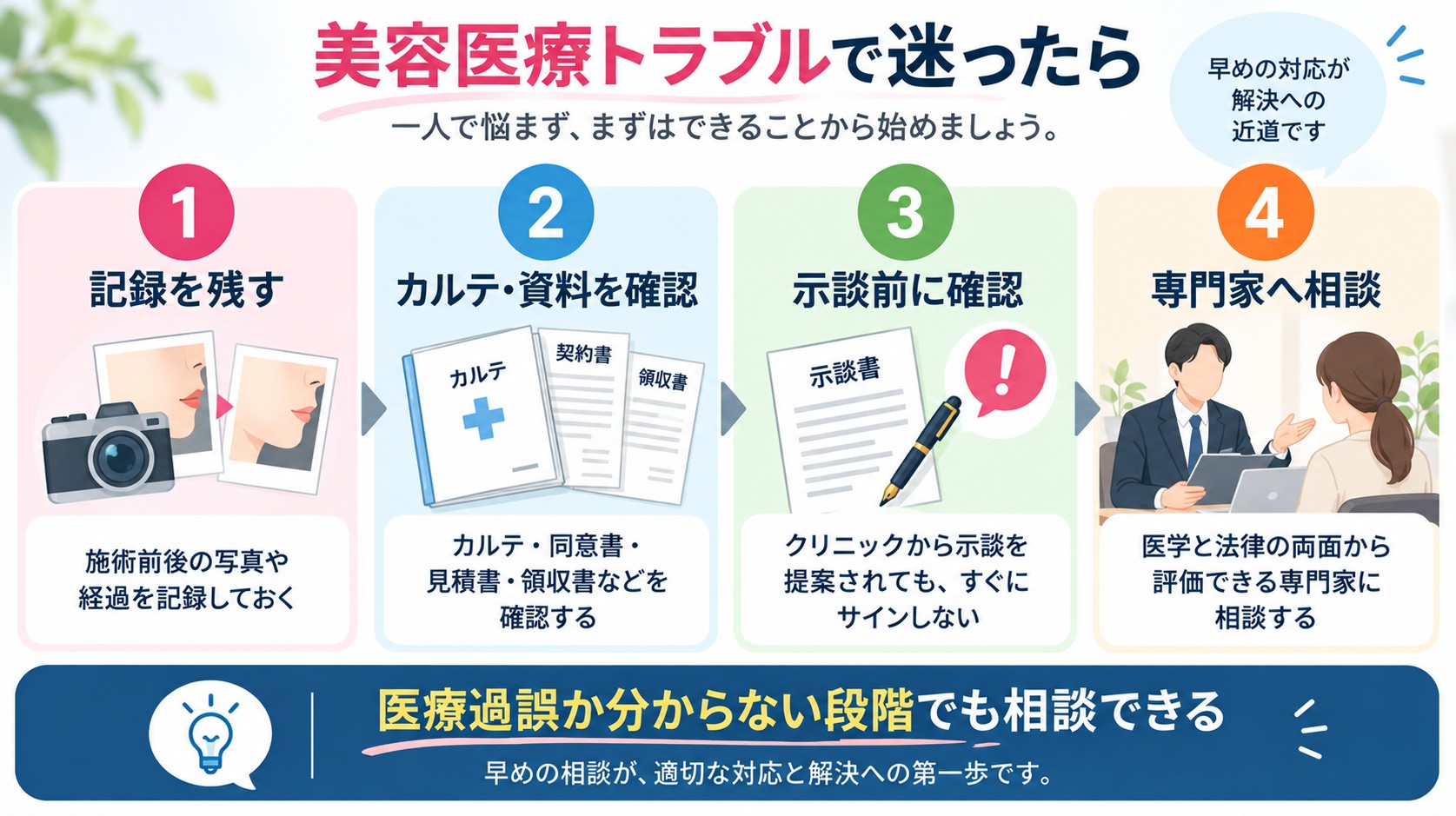 美容医療トラブルで迷ったときの対応。記録を残す、カルテ・資料を確認、示談前に確認、専門家へ相談の4ステップ
