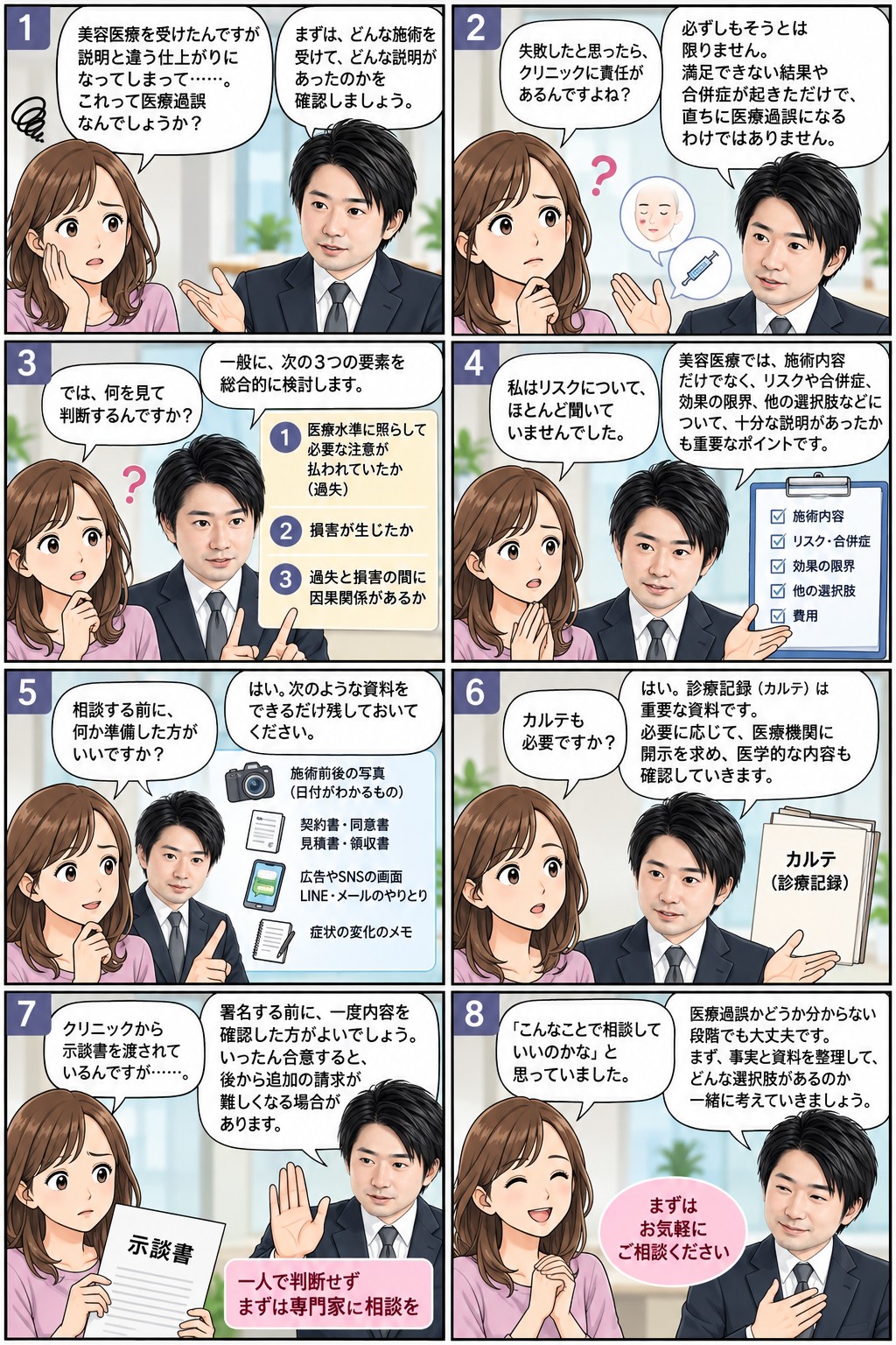 美容医療トラブルについて小杉弁護士に相談する女性患者の8コマ漫画。医療過誤の考え方、説明義務、証拠保存、カルテ、示談前の確認、専門家への相談を解説