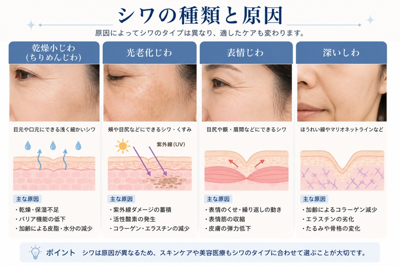 乾燥小じわ・光老化じわ・表情じわ・深いしわの種類と原因