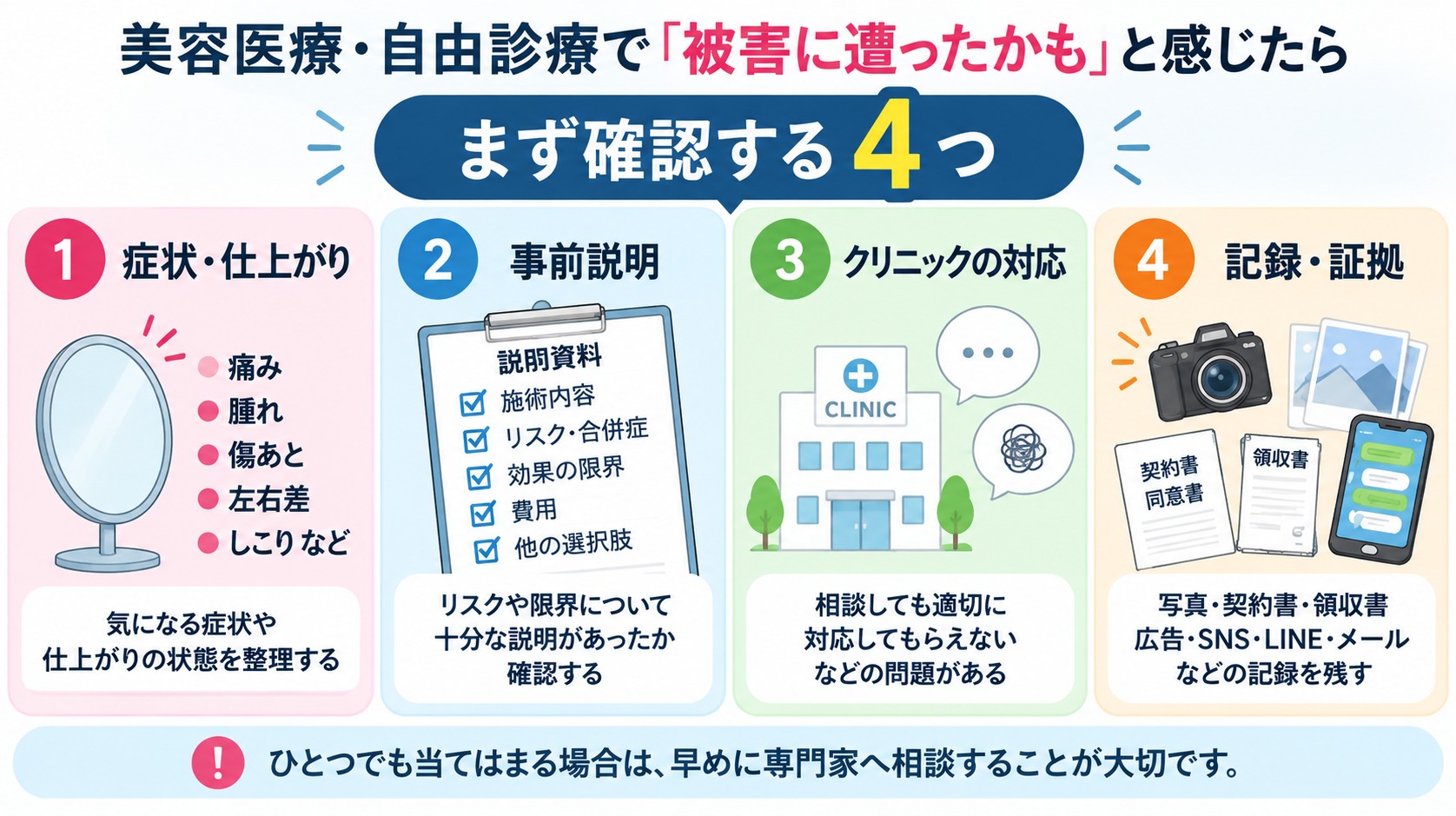 美容医療トラブルが疑われる際に確認したい4つのポイント。症状・仕上がり、事前説明、クリニックの対応、記録・証拠を確認する図解
