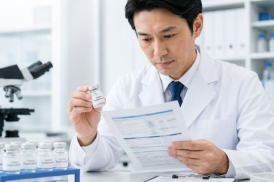 培養上清液の製剤と品質資料を確認する医師