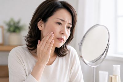 ほうれい線や頬のシワを気にする50代女性