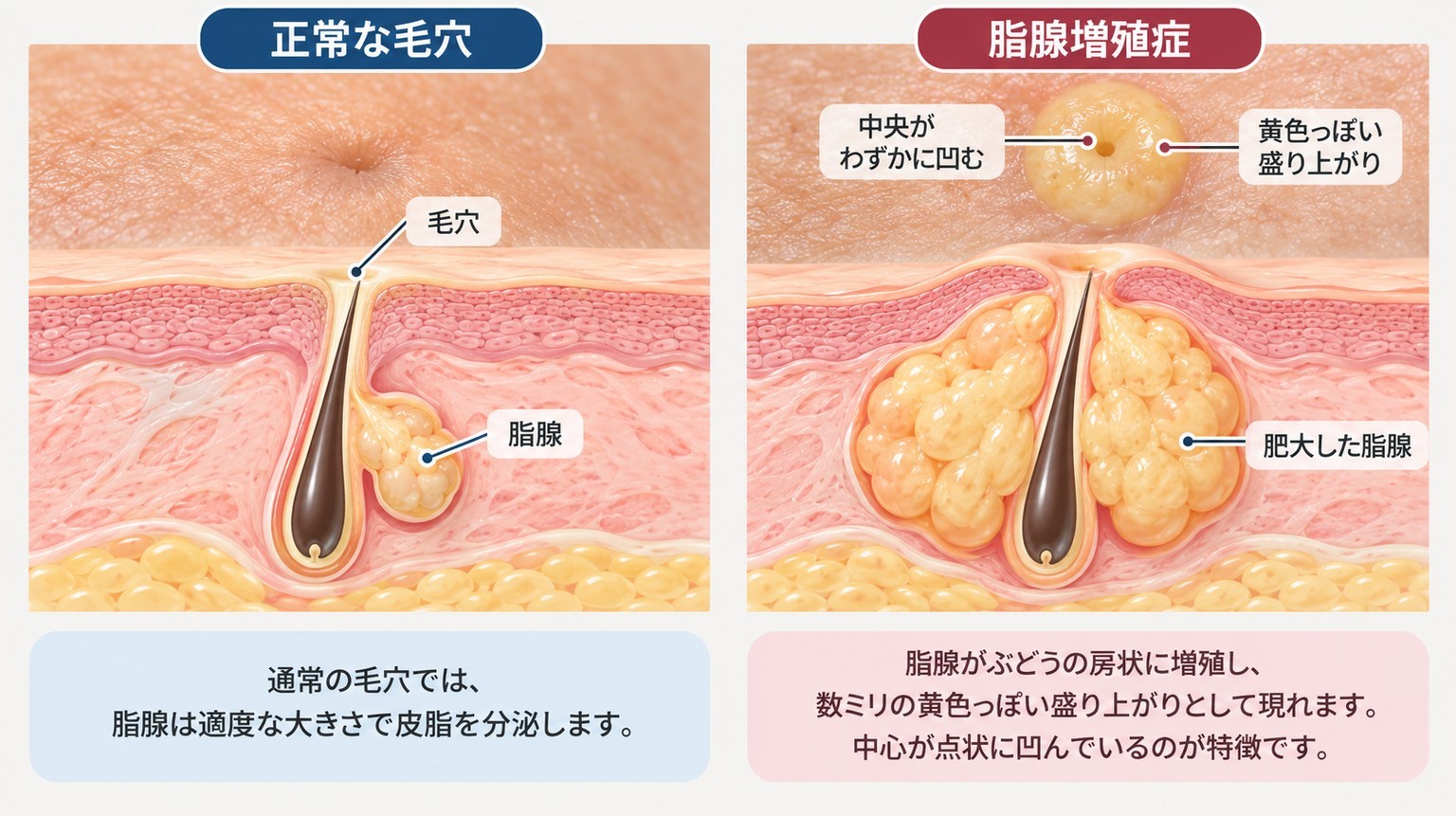 正常な毛穴と脂腺増殖症で肥大した脂腺の違いを示す皮膚断面図